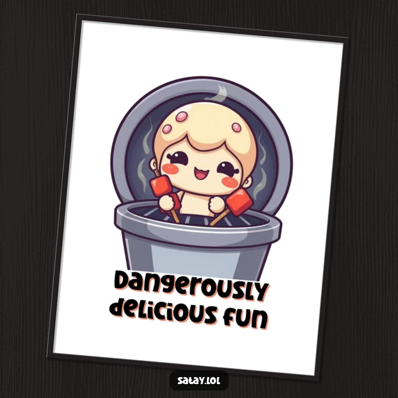 Funny Free Printable Wall Art: a satay skewer character with a funny, grilled face peeking out from a barbecue grill, ready to entertain.