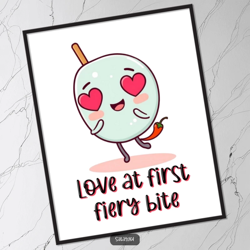Funny Free Printable Wall Art: a satay skewer character with big heart eyes, chased by a tiny, determined chili pepper, depicting quirky love.