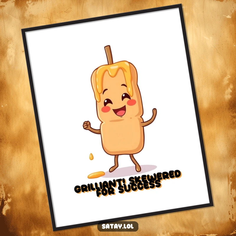 Funny Free Printable Wall Art: Smiling satay skewer doing a jig, peanut sauce drizzling, perfect for food lovers.