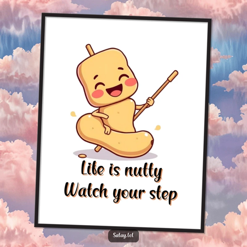 Funny Free Printable Wall Art: Smiling satay skewer character comically slipping on a peanut, a humorous and quirky art piece.