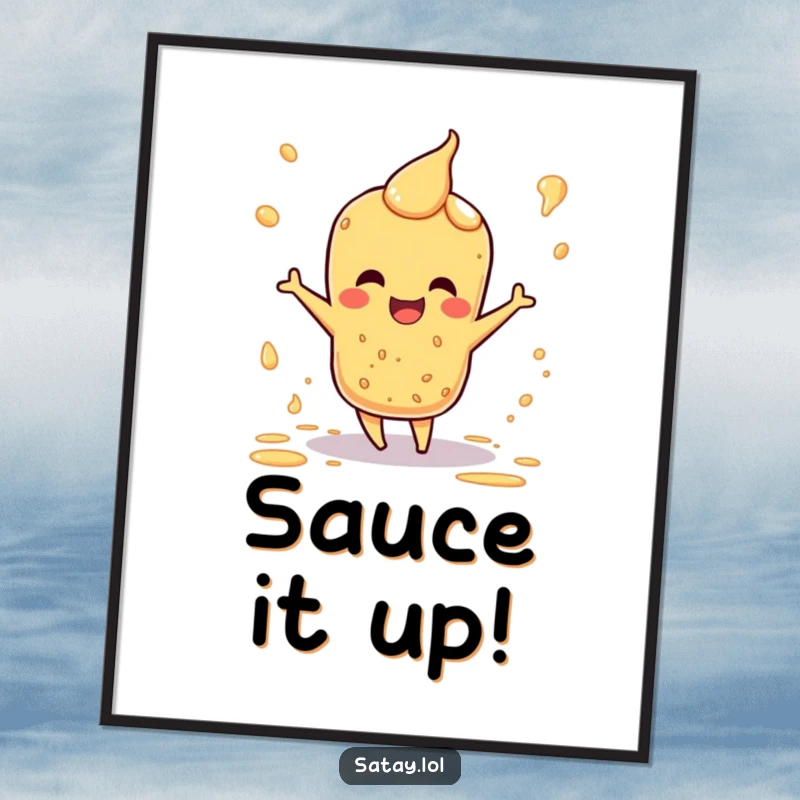 Funny Free Printable Satay Wall Art: A happy satay skewer in a dance pose, with sauce splatters creating a dynamic, joyful artwork.