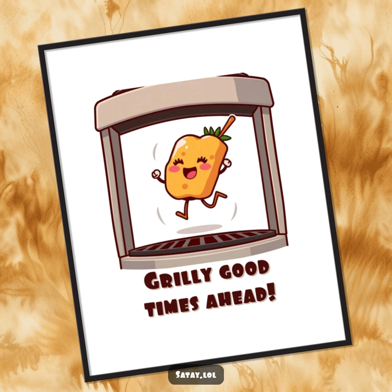 Funny Free Printable Wall Art: A happy satay skewer enthusiastically hops across a hot grill, radiating pure joy.