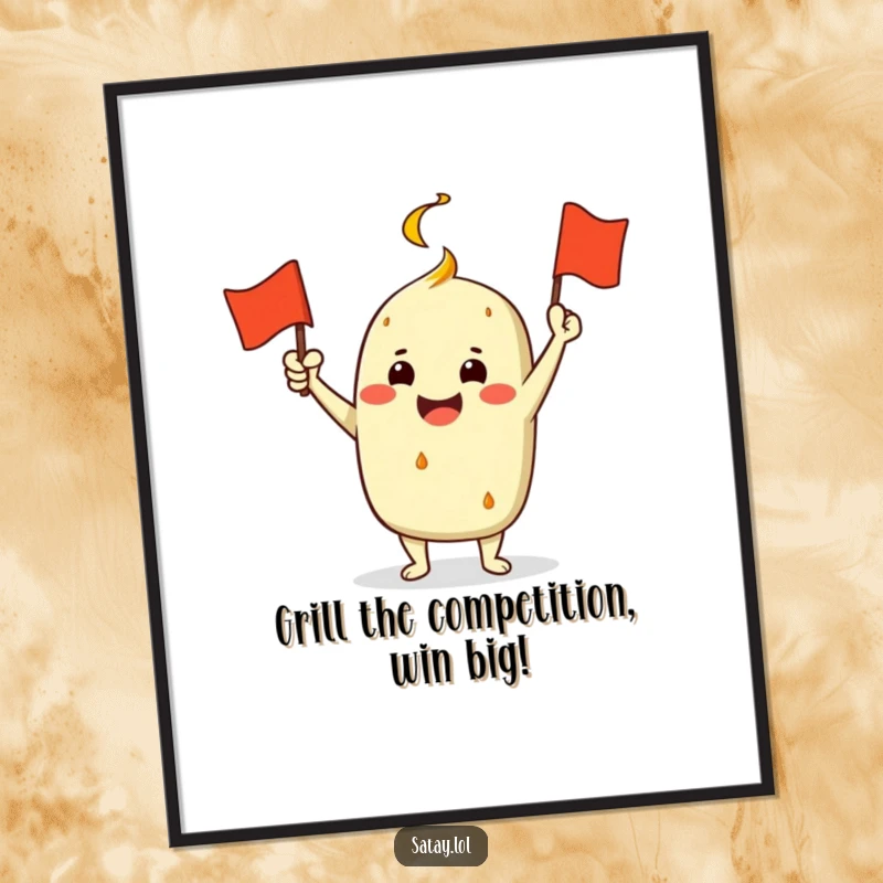 Funny Free Printable Wall Art: A jubilant satay character waves a miniature grill flag with infectious enthusiasm.