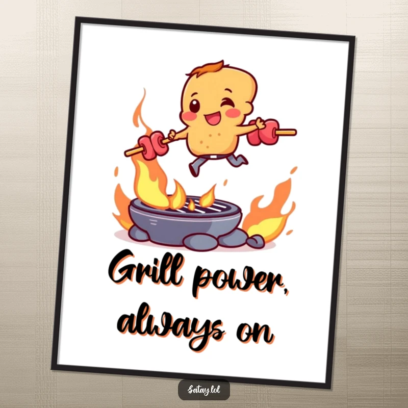 Funny Free Printable Wall Art capturing a satay skewer character mid-air, leaping over a fiercely flaming grill.