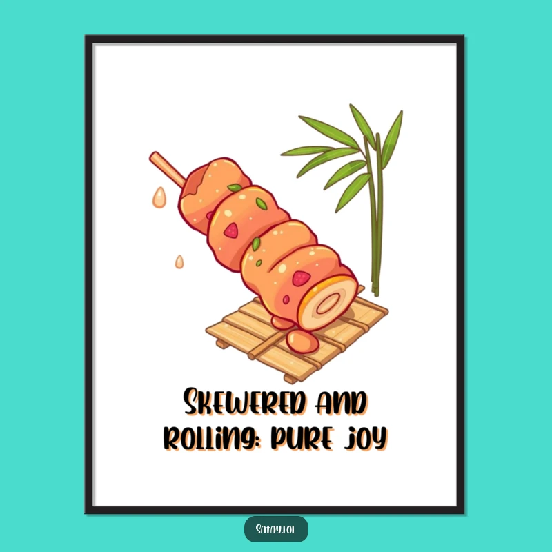 Funny Free Printable Wall Art: Satay Skewer Rolling Down Bamboo Mat - Downloadable Decor