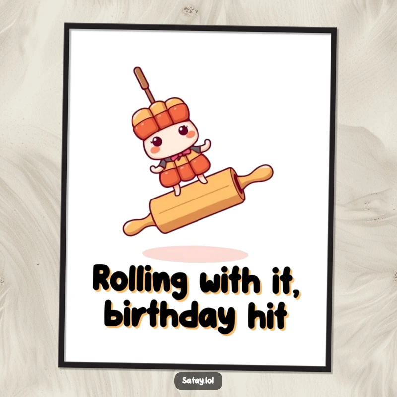 Funny Free Printable Wall Art: A whimsical satay skewer character struggling to maintain balance on a rolling pin, looking quite unstable.