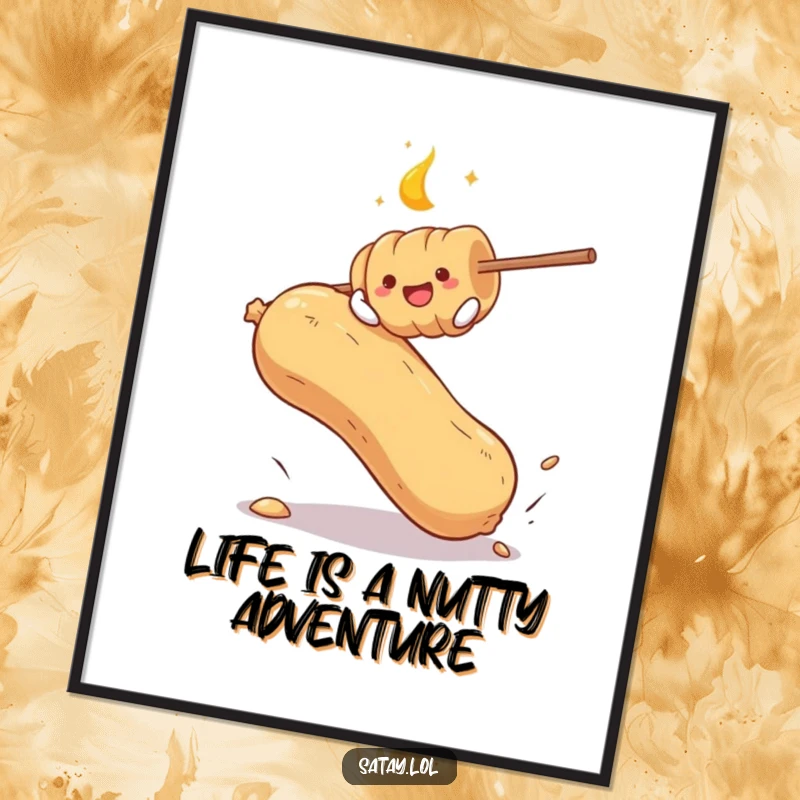 Funny Free Printable Wall Art: A satay skewer playfully bounces on a giant peanut, creating a humorous and whimsical scene. Art.