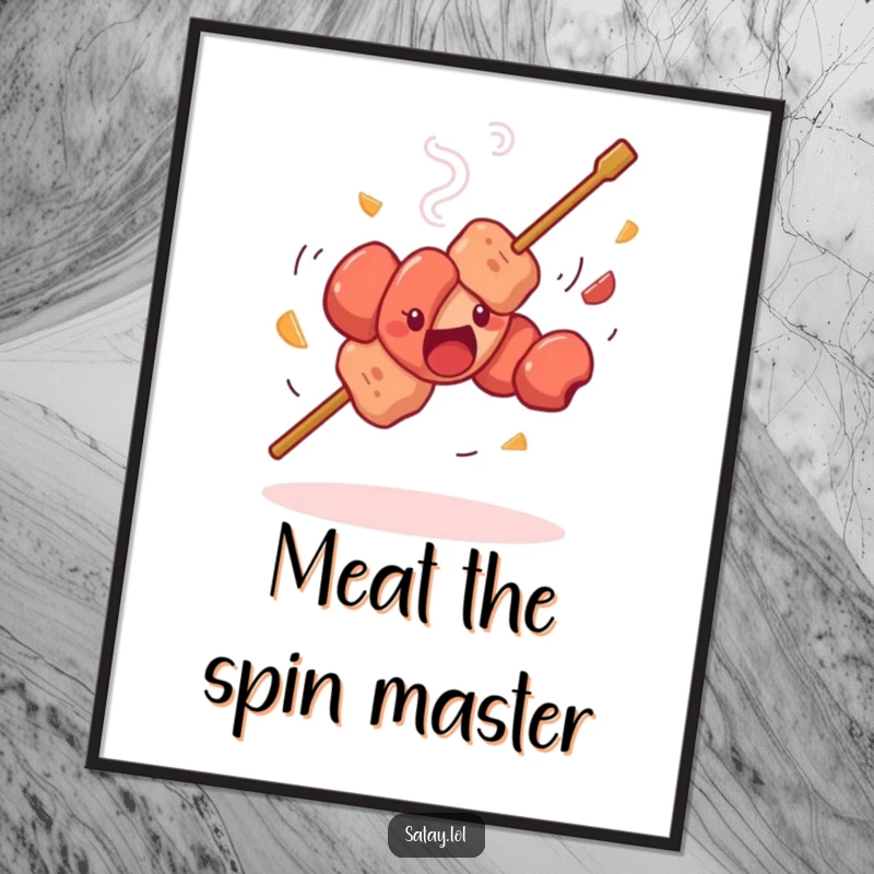 Funny Free Printable Wall Art: A satay skewer performs a comical, wild spin with its meat pieces whirling dynamically.