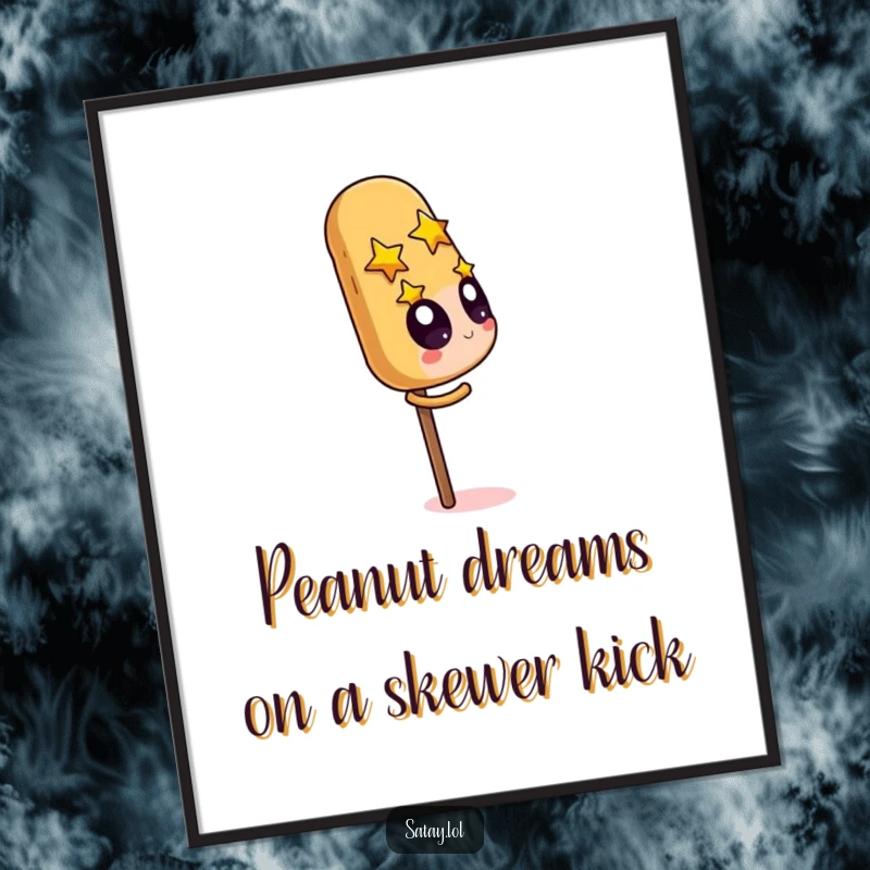 Funny Free Printable Wall Art: Satay skewer character with starry eyes, intensely fixated on a giant peanut.