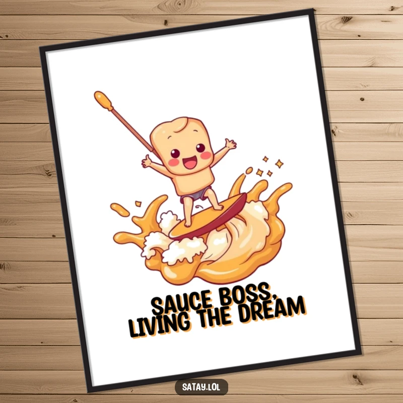 Funny Free Printable Wall Art of a satay skewer character gleefully surfing atop a luscious peanut sauce wave.