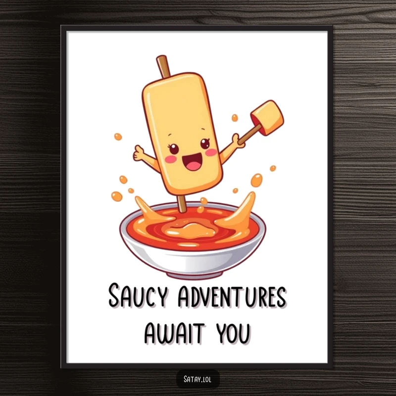 Funny Free Printable Wall Art: a satay skewer character mid-jump into a pot of bubbling sauce, creating a humorous, dynamic scene.