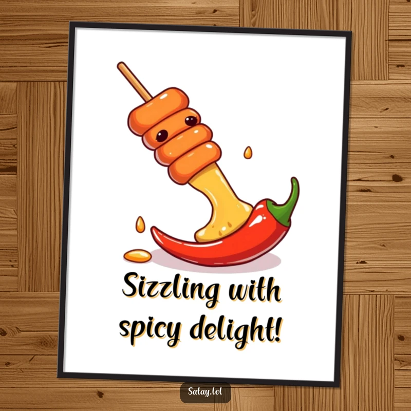 Funny Free Printable Wall Art: A satay skewer slides with glee down a large chili pepper, embodying pure fun.