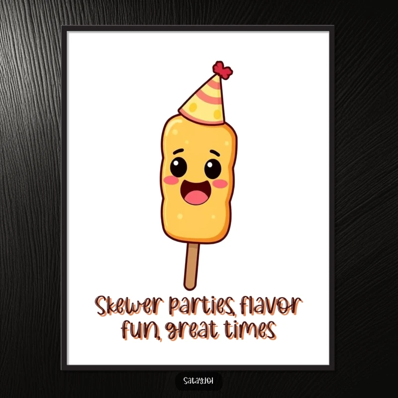 Funny Free Printable Wall Art: An excited satay skewer wearing a tiny party hat, quirky downloadable decor.