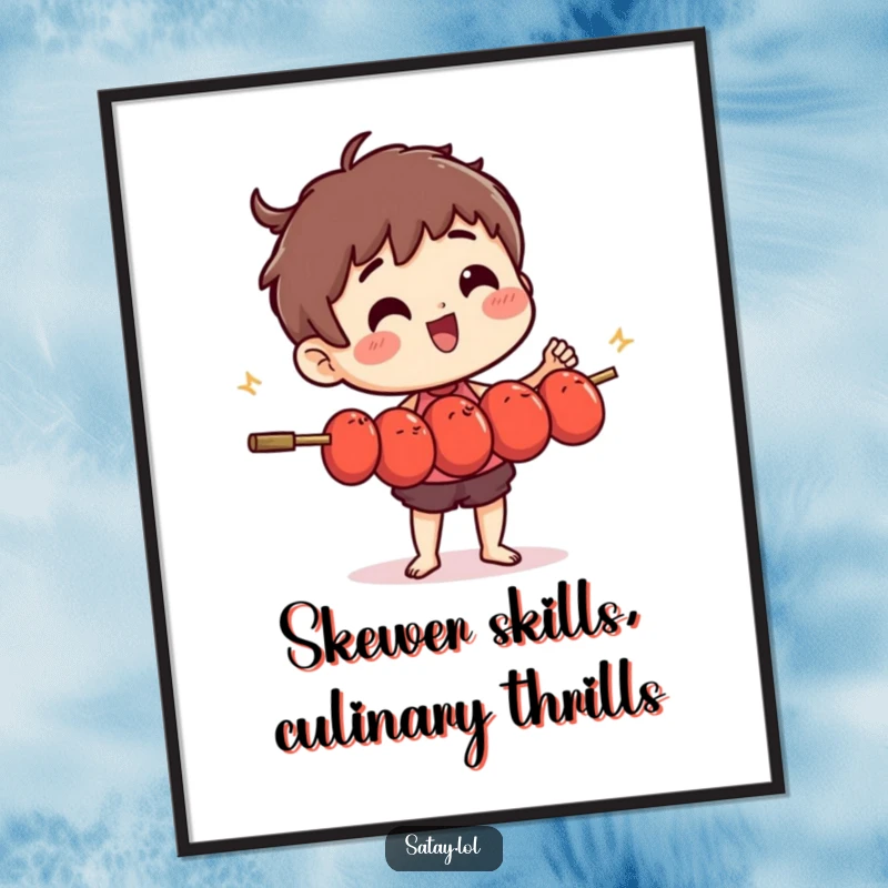 Funny Free Printable Wall Art: A whimsical satay skewer character masterfully juggling small, wiggling meatballs, a culinary artist.