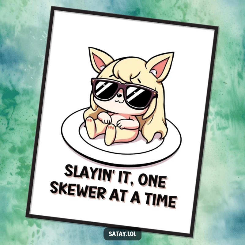 Funny Free Printable Wall Art: Satay character wearing tiny sunglasses, lounging on a plate like a sunbed, radiating cool.