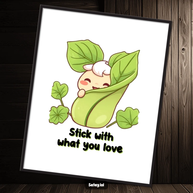 Funny Free Printable Satay Wall Art: A satay skewer with a big grin, peeking from behind a garnish, ready to amuse.