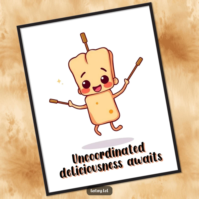 Funny Free Printable Wall Art: a satay skewer character performing a hilariously clumsy dance with floppy skewers, full of energy and humor.