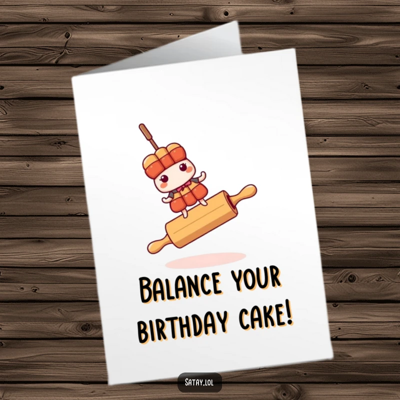 Funny Free Printable Birthday Card: A satay skewer character wobbling precariously while balancing on a long, thin rolling pin.