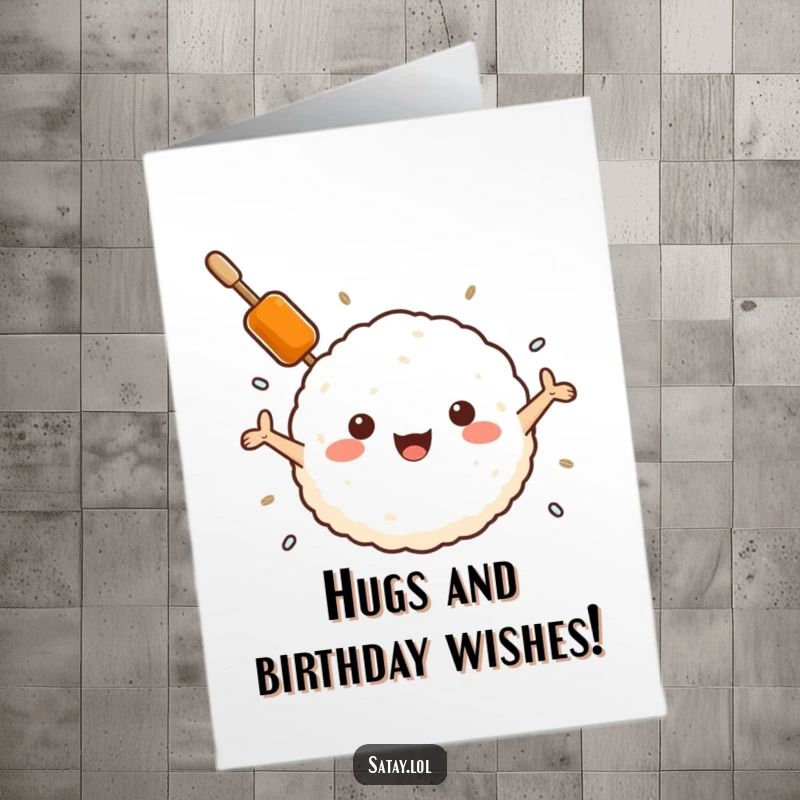 Funny Free Printable Birthday Card: A satay skewer with open arms lovingly embraces a fluffy rice ball, sharing birthday joy.