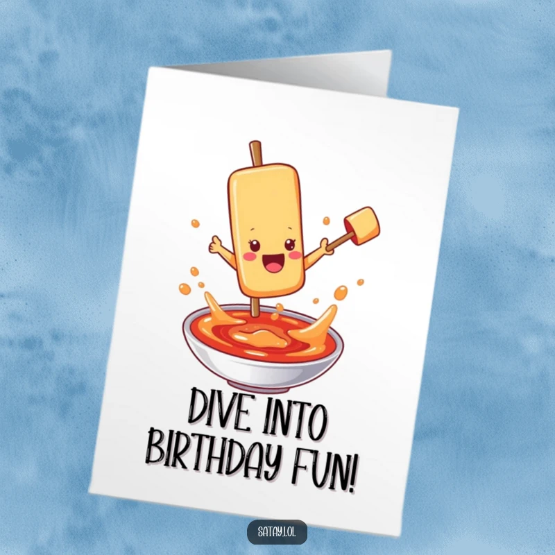 Funny Free Printable Birthday Card: a satay skewer character joyfully jumping into a pot of bubbling sauce, celebrating a birthday.