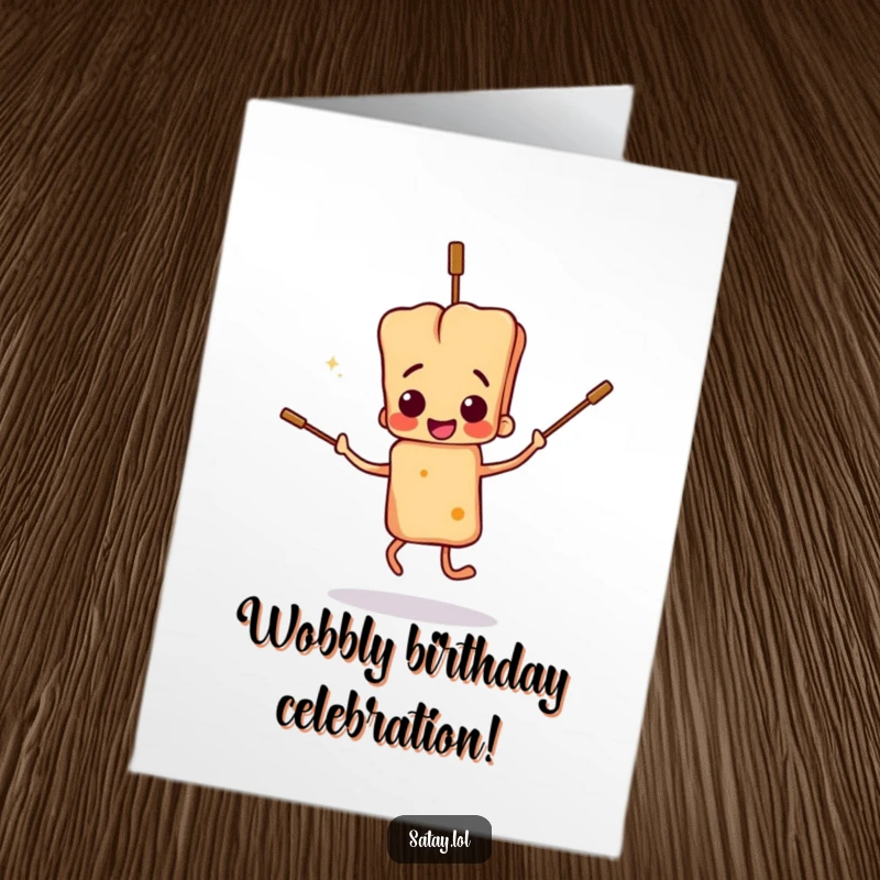 Funny Free Printable Birthday Card featuring a clumsy satay skewer character doing a floppy, chaotic dance with its skewers, celebrating a birthday.