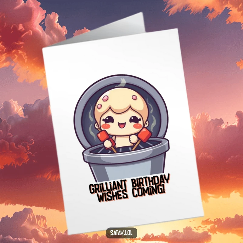 Funny Free Printable Birthday Card: a cheeky satay skewer peeking from a grill with a funny, toasted face, wishing happy birthday.