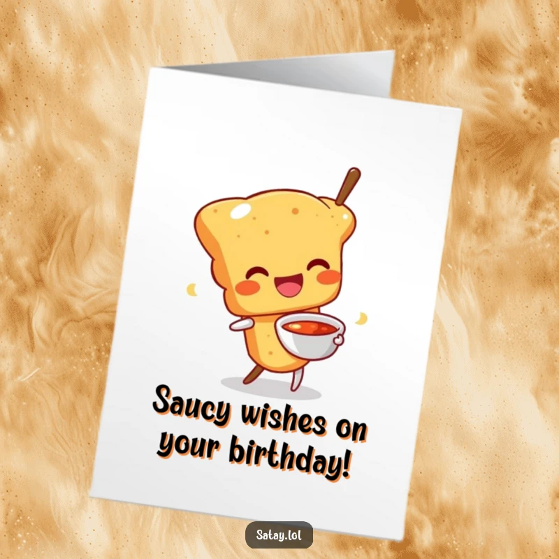 Funny Free Printable Birthday Card: A happy satay skewer character wiggles joyfully, holding a bowl of dipping sauce.