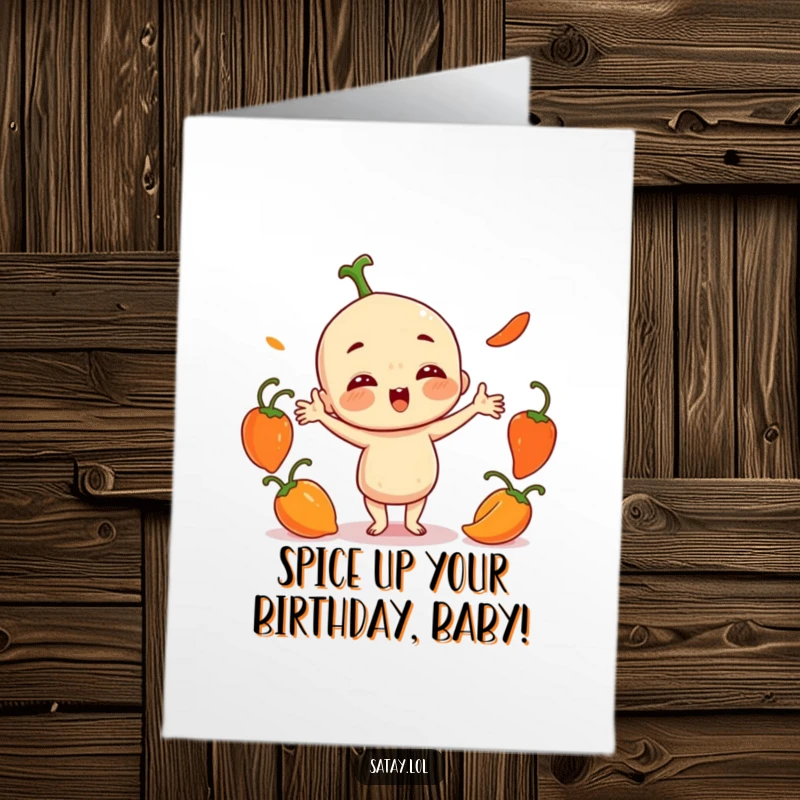 Funny Free Printable Birthday Card: Satay character playfully juggles three small, round chili peppers with flair.