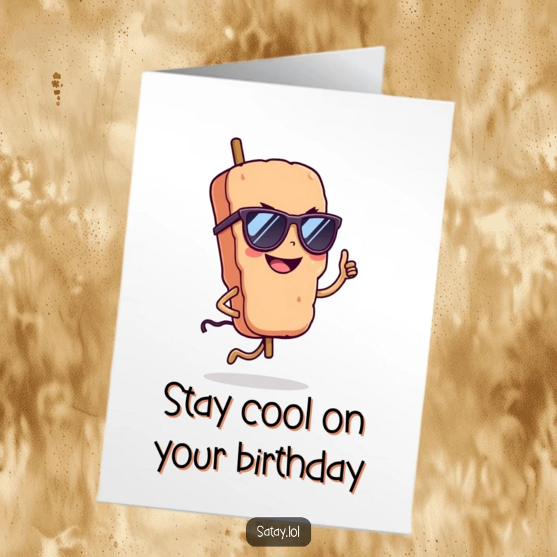 Funny Free Printable Birthday Card: A satay skewer in sunglasses hops confidently, sporting a grin and radiating cool.