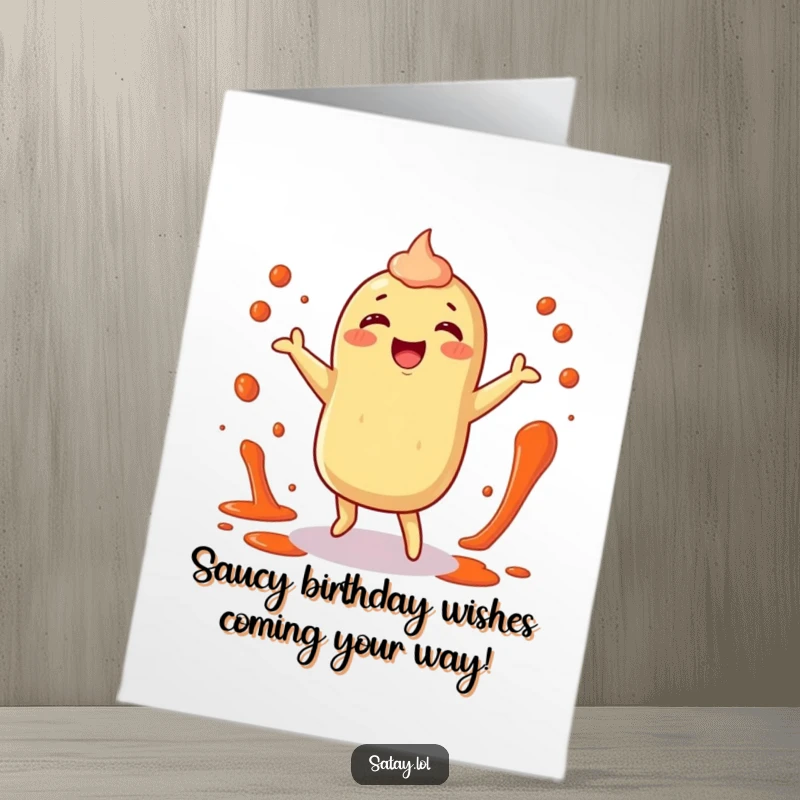 Funny Free Printable Birthday Card: A happy satay character doing a dance with sauce splatters, celebrating joyfully.