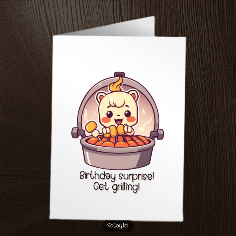 Funny Free Printable Birthday Card with a satay skewer character peeking from behind a grill graphic, ready for celebration.