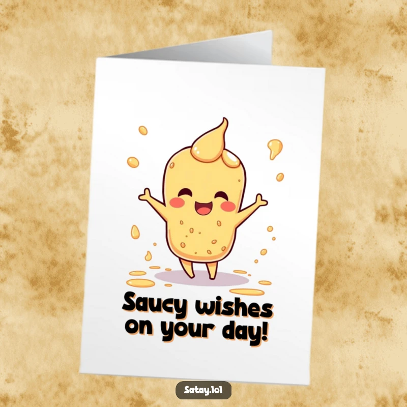 Funny Free Printable Satay Birthday Card: A happy satay skewer doing a lively dance with sauce splatters around it.