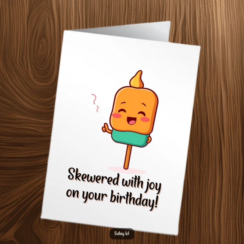 Funny Free Printable Birthday Card featuring a satay skewer character excitedly pointing towards a delicious aroma, celebrating with food-focused joy.