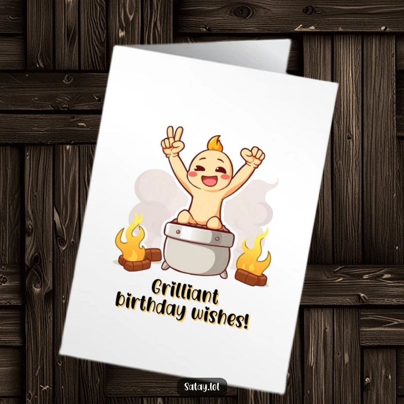 Funny Free Printable Satay Birthday Card: A satay skewer striking a triumphant pose on a smoky grill graphic.