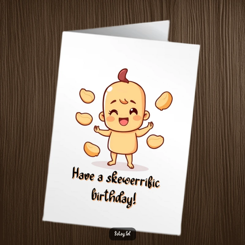Funny Free Printable Birthday Card featuring a happy satay skewer character juggling three small peanut shells, a whimsical birthday greeting.