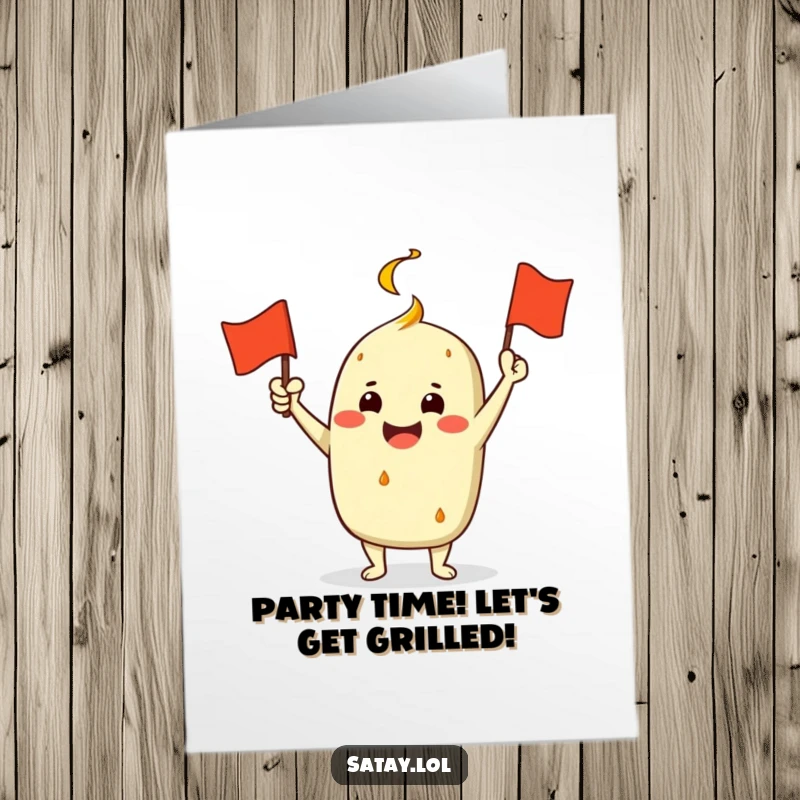 Funny Free Printable Birthday Card: Jubilant satay character enthusiastically waves a miniature grill flag in celebration.