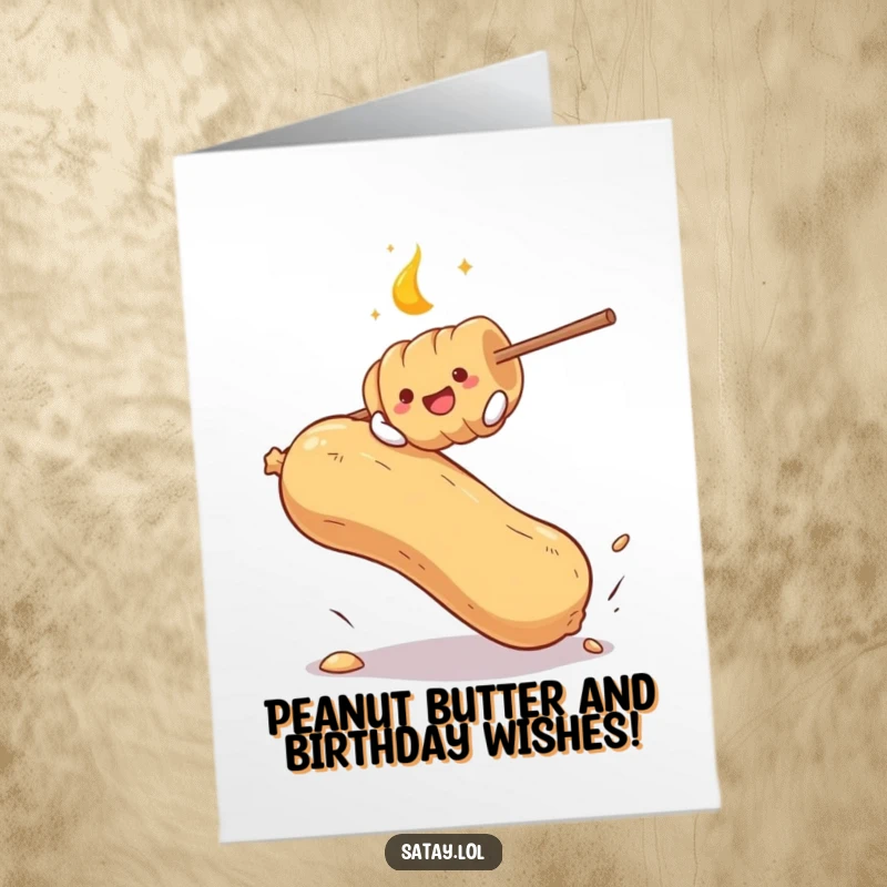 Funny Free Printable Birthday Card: A playful satay skewer bounces on a giant peanut, spreading birthday cheer. Hilarious downloadable.