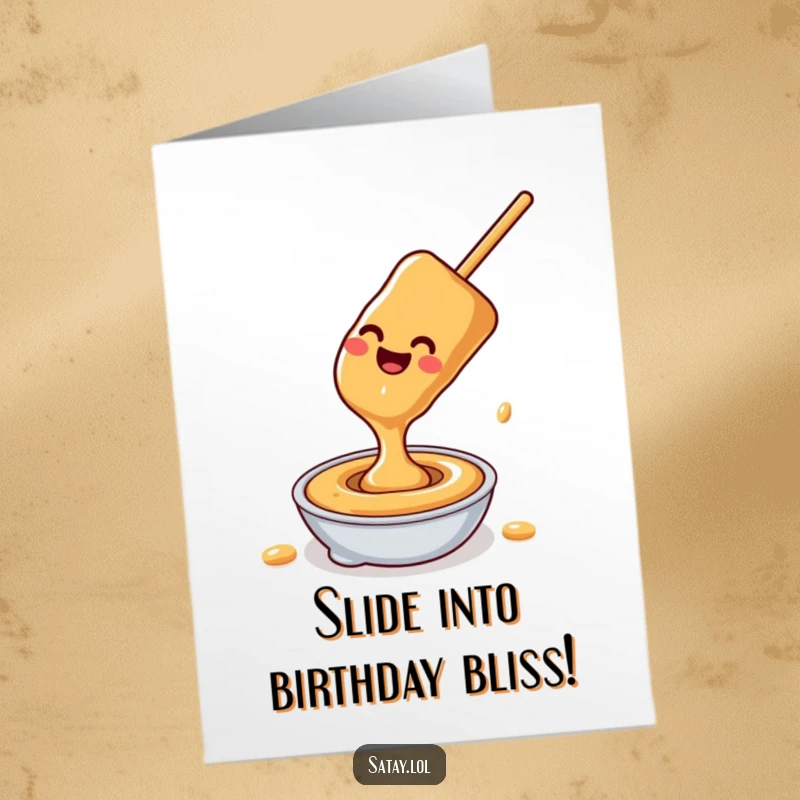 Funny Free Printable Birthday Card: A happy satay skewer gleefully slides down a slick of delicious peanut sauce, ready for fun.