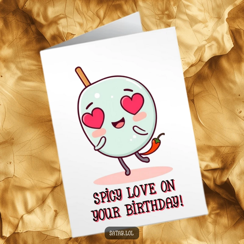 Funny Free Printable Birthday Card: a satay skewer character with heart eyes, playfully pursued by a tiny, determined chili pepper.