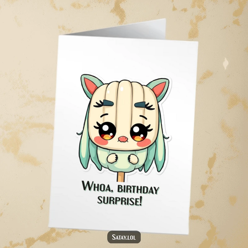 Funny Free Printable Birthday Card: Satay skewer character with comically wide, shiny, surprised eyes.