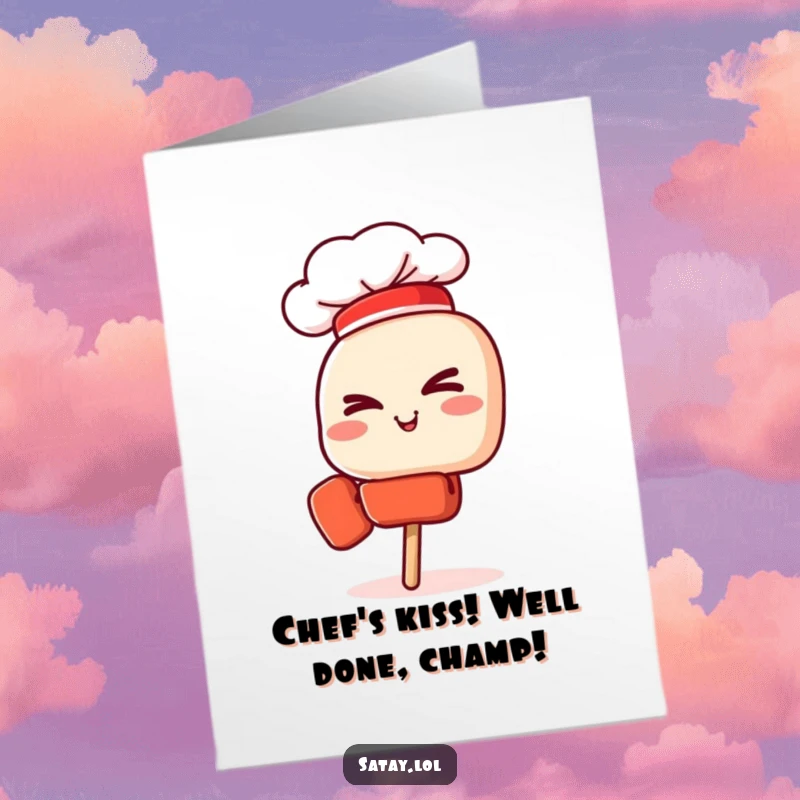 Funny Free Printable Congratulations Card: A dapper satay skewer in a chef hat winks charmingly, celebrating your win.