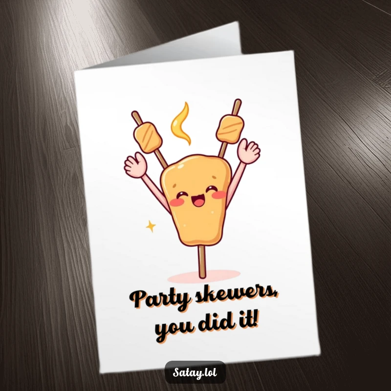 Funny Free Printable Congratulations Card: A satay skewer celebrating with arms up, great downloadable gift.