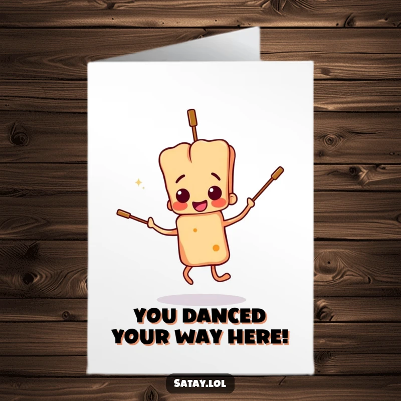 Funny Free Printable Congratulations Card: a satay skewer mascot doing a hilarious, floppy-limbed dance, celebrating a big win with charm.