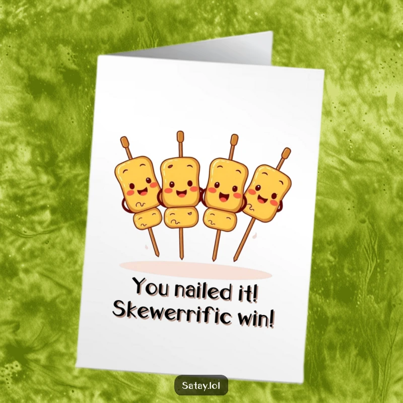 Funny Free Printable Congrats Card: Satay skewers performing a joyful synchronized jig, celebrating a big achievement.