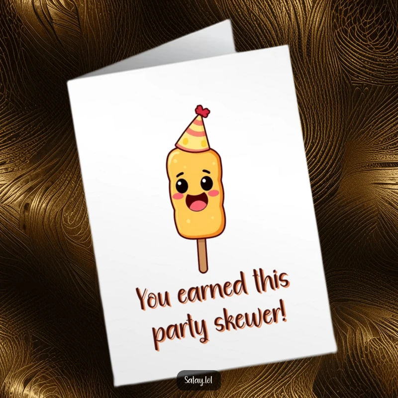 Funny Free Printable Congratulations Card: An excited satay skewer in a party hat, great downloadable gift.