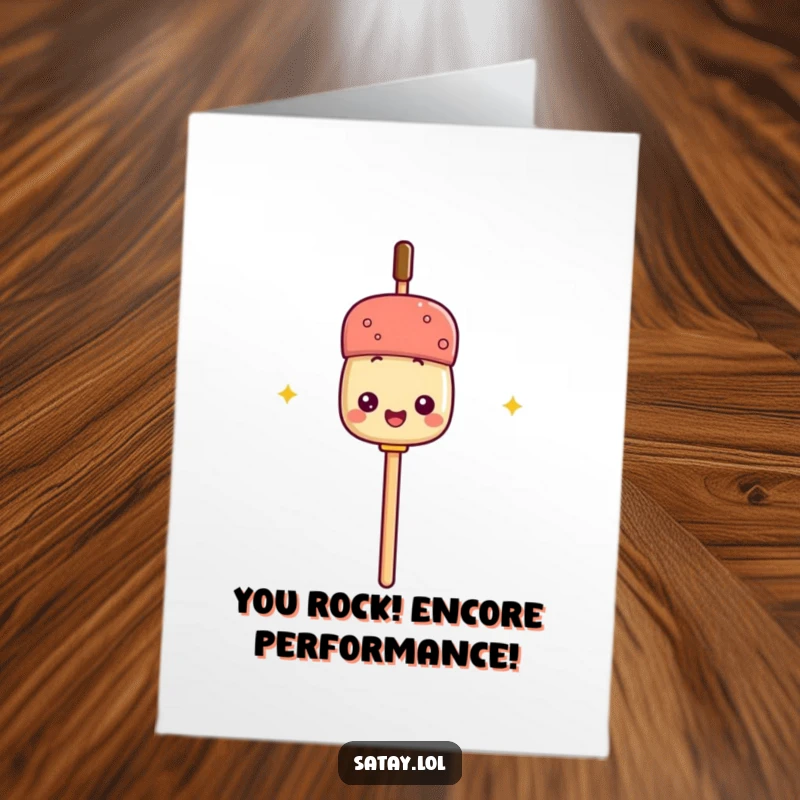 Funny Free Printable Congratulations Card: A skewer of satay using its own stick as a tiny microphone, ready for a show-stopping performance.