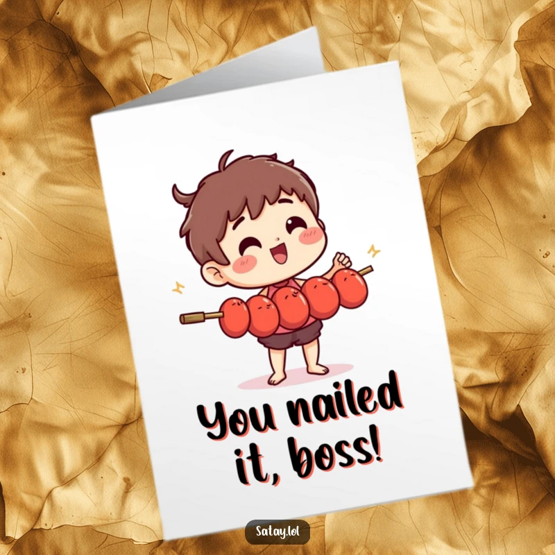 Funny Free Printable Congrats Card: Cheerful satay skewer character juggling a stack of wiggling meatballs with impressive skill.