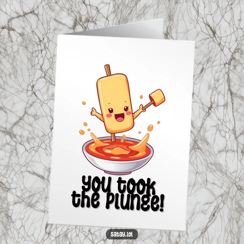 Funny Free Printable Congratulations Card: a satay skewer character making a splash as it jumps into bubbling sauce, celebrating a big achievement.