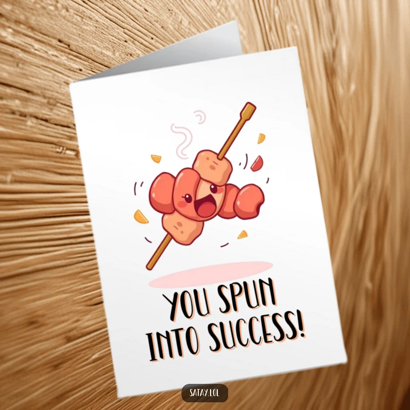 Funny Free Printable Congrats Card: A satay skewer executes a silly, energetic spin, its meat pieces a blur.