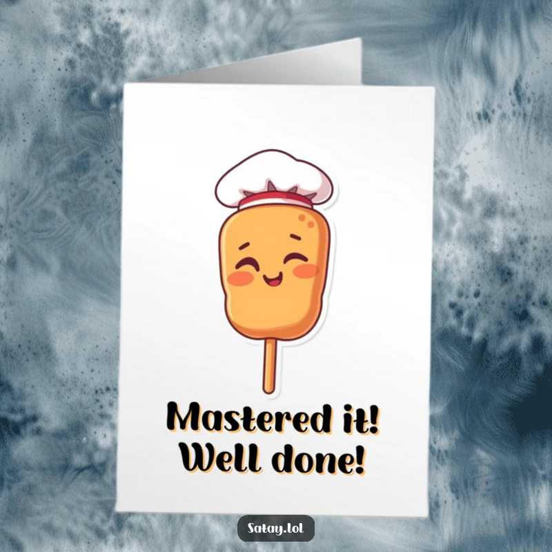 Funny Free Printable Congratulations Card with a satay skewer chef character sporting a tiny hat and a charming wink, celebrating achievements with style.